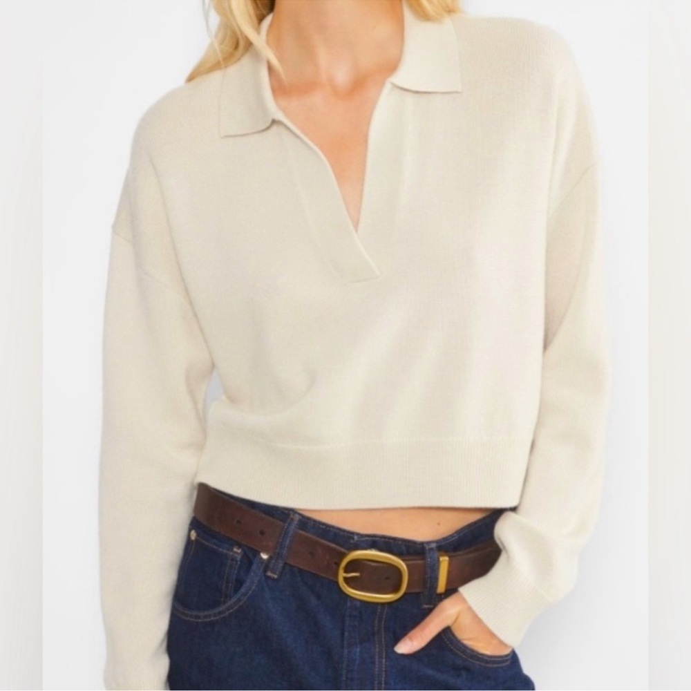 Wilfred 100% Merino Wool Butter Yellow Cropped V neck Collard Sweater Size Large